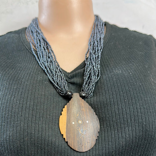 Wooden Medallion Beaded Necklace 5 metallic