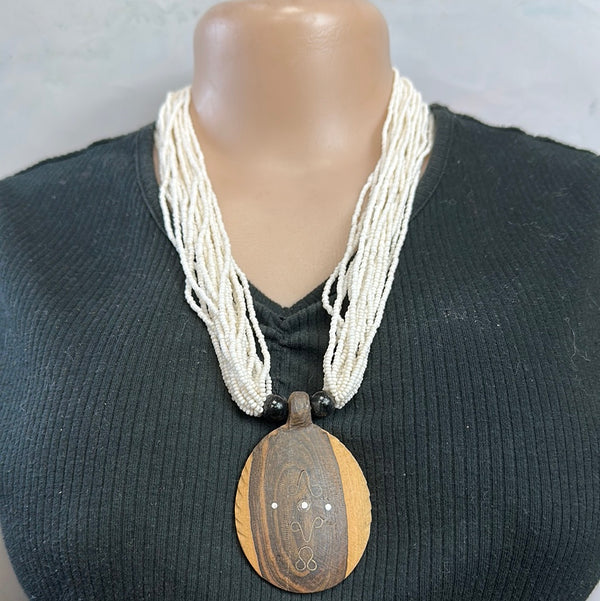 Wooden Medallion Beaded Necklace 6 (white)