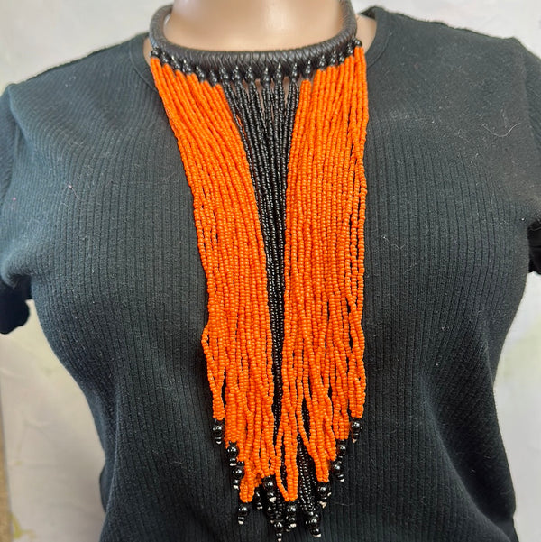 Masai Beaded Necklace (Orange&Blk)