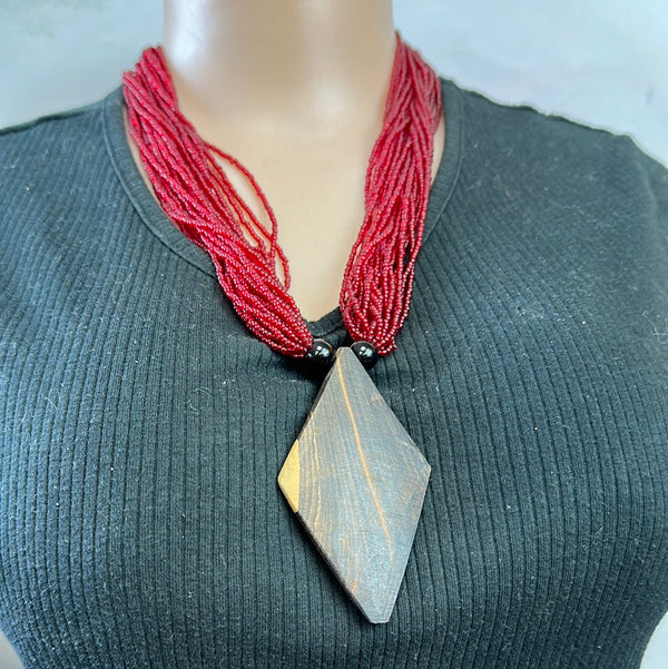 Wooden Medallion Beaded Necklace