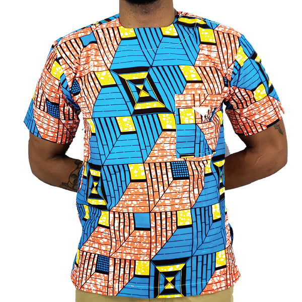 MEN'S AFRICAN PRINT SHORT SLEEVE TRADITIONAL SHIRT (BLUE/YELLOW/PEACH)