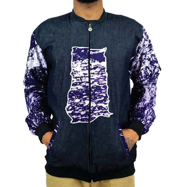 MEN'S AFRICAN PRINT COLOR BLOCKED BOMBER (JEAN PURPLE BATIK)